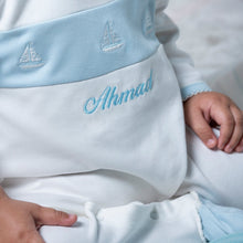 Load image into Gallery viewer, Embroidered Sailboat Sleepsuit &amp; Bib Set
