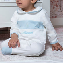 Load image into Gallery viewer, Embroidered Sailboat Sleepsuit &amp; Bib Set
