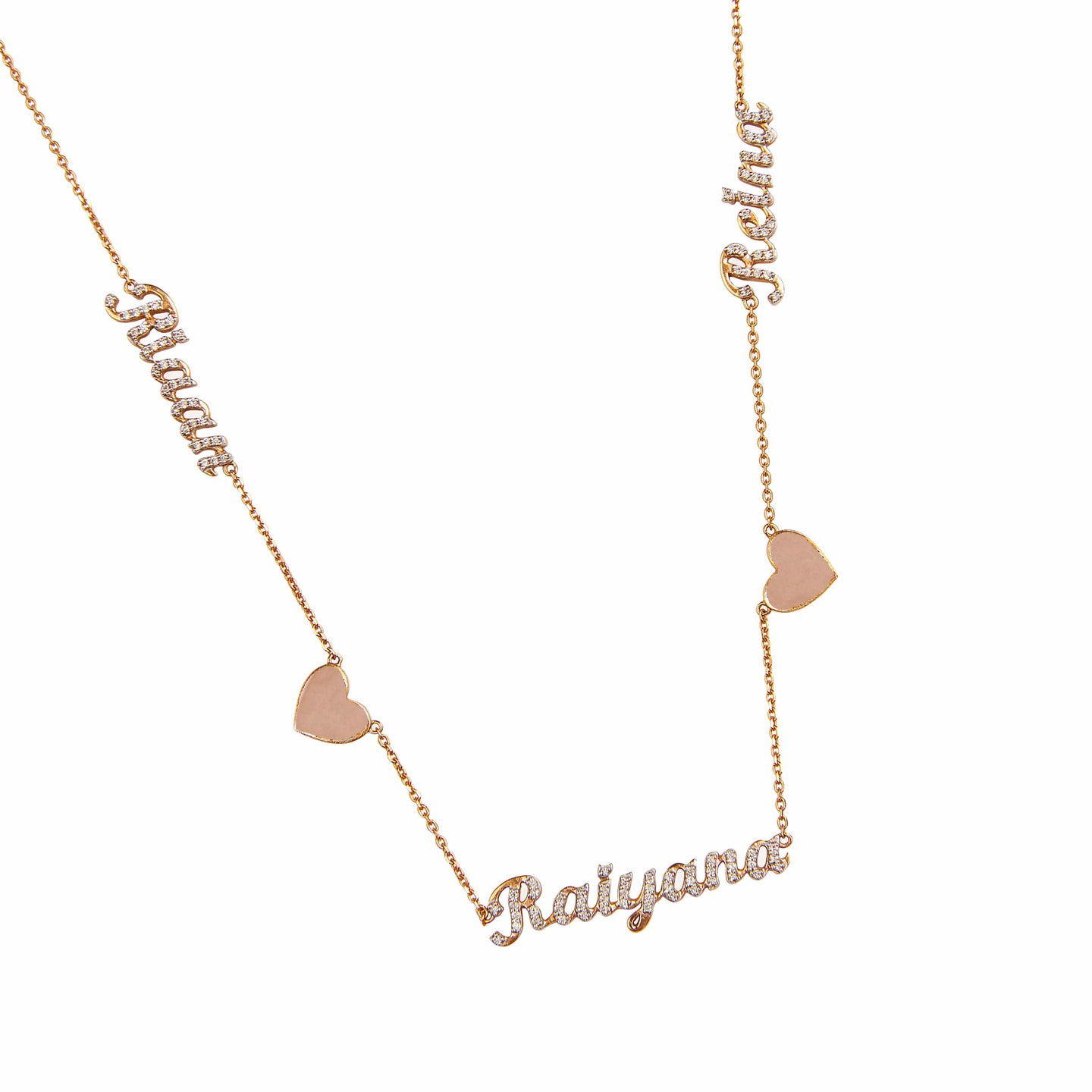 Three Diamond Names and Two Gold Hearts Necklace