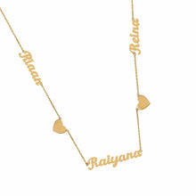 Load image into Gallery viewer, Three Names and Two Hearts Gold Necklace
